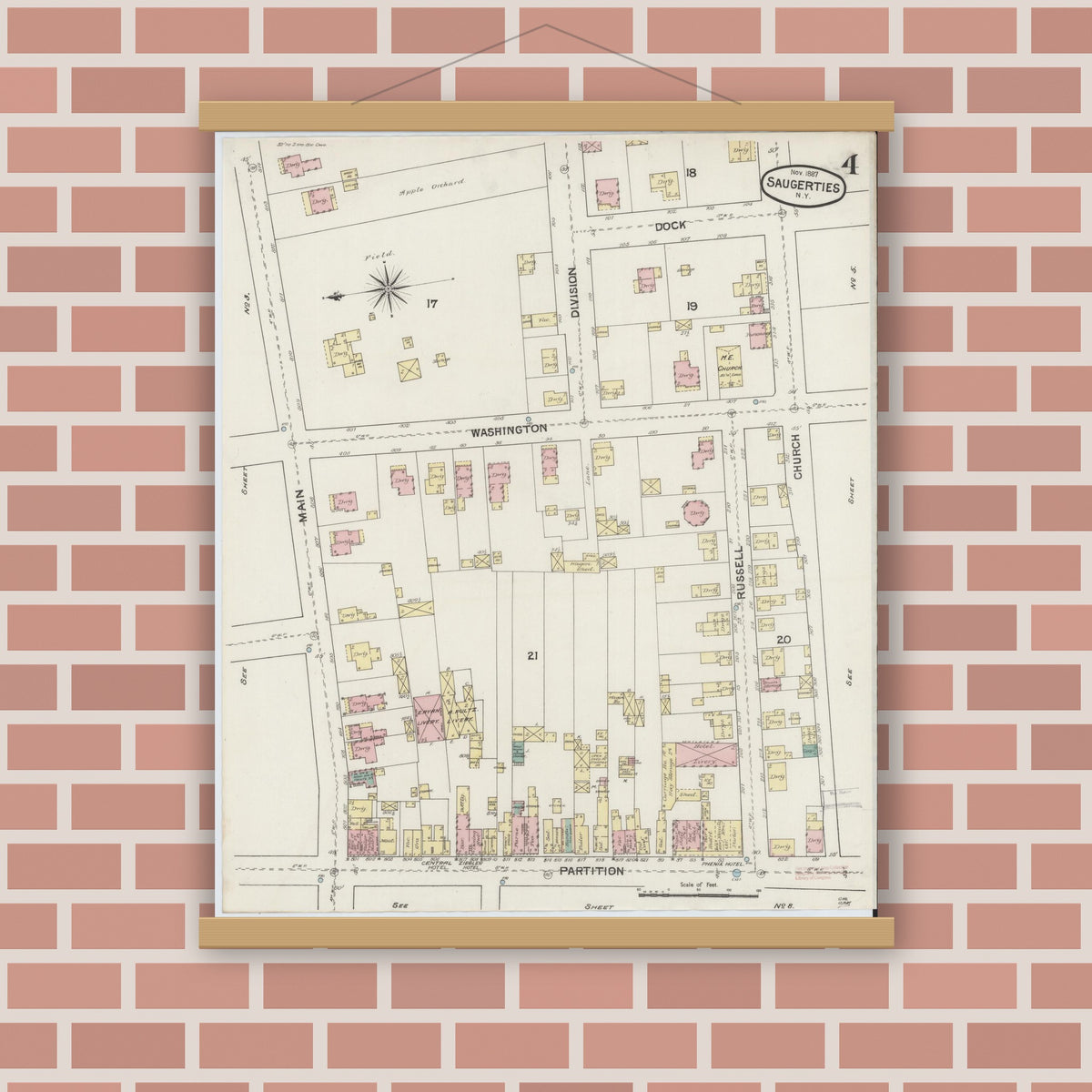 Old map wall art mockup — magnetic wood frame on brick wall — Sanborn Fire Insurance Map from Saugerties, Ulster County, New York (1887), Sheet #0004