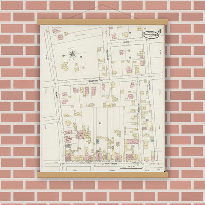 Old map wall art mockup — magnetic wood frame on brick wall — Sanborn Fire Insurance Map from Saugerties, Ulster County, New York (1887), Sheet #0004