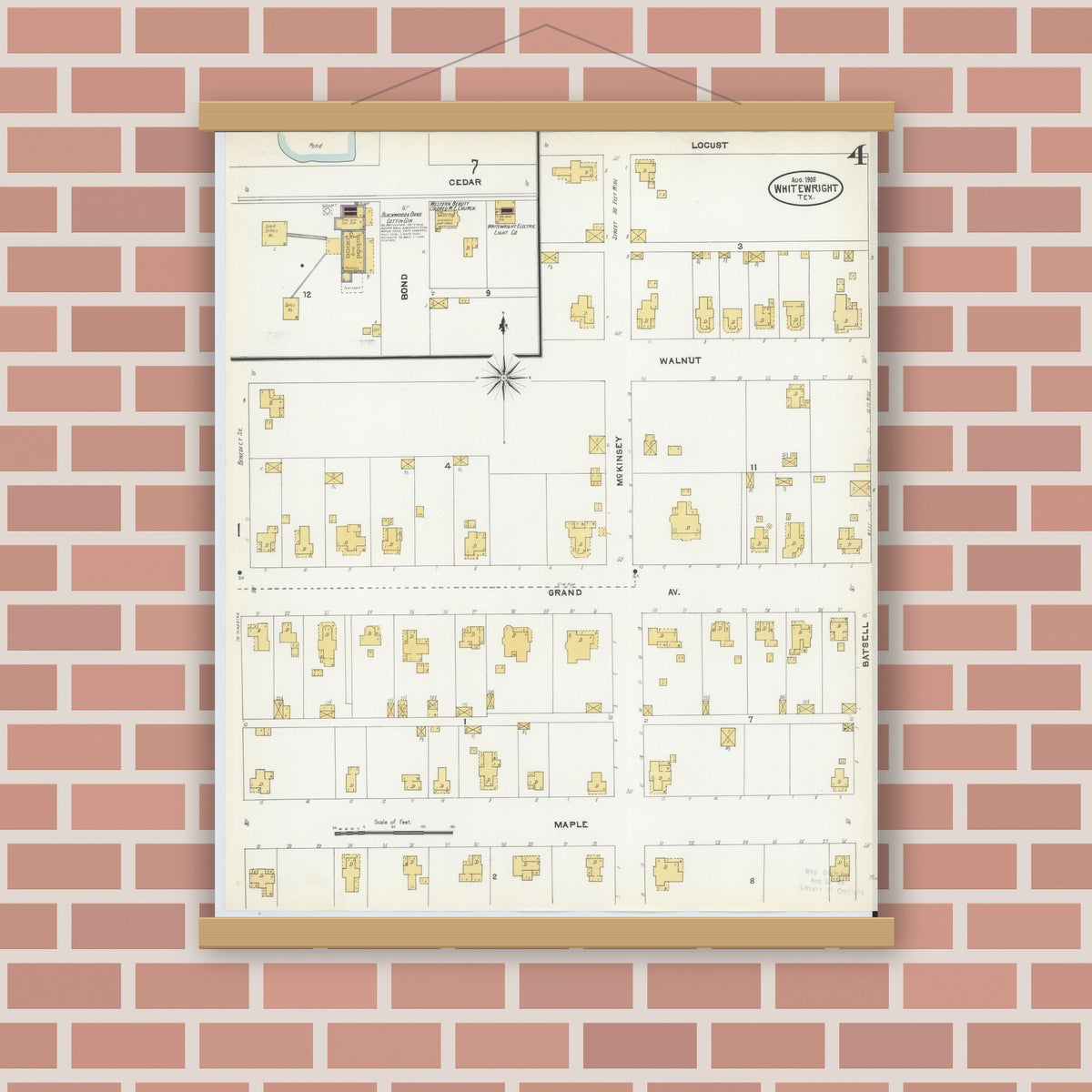 Old map wall art mockup — magnetic wood frame on brick wall — Sanborn Fire Insurance Map from Whitewright, Grayson County, Texas (1905), Sheet #0004