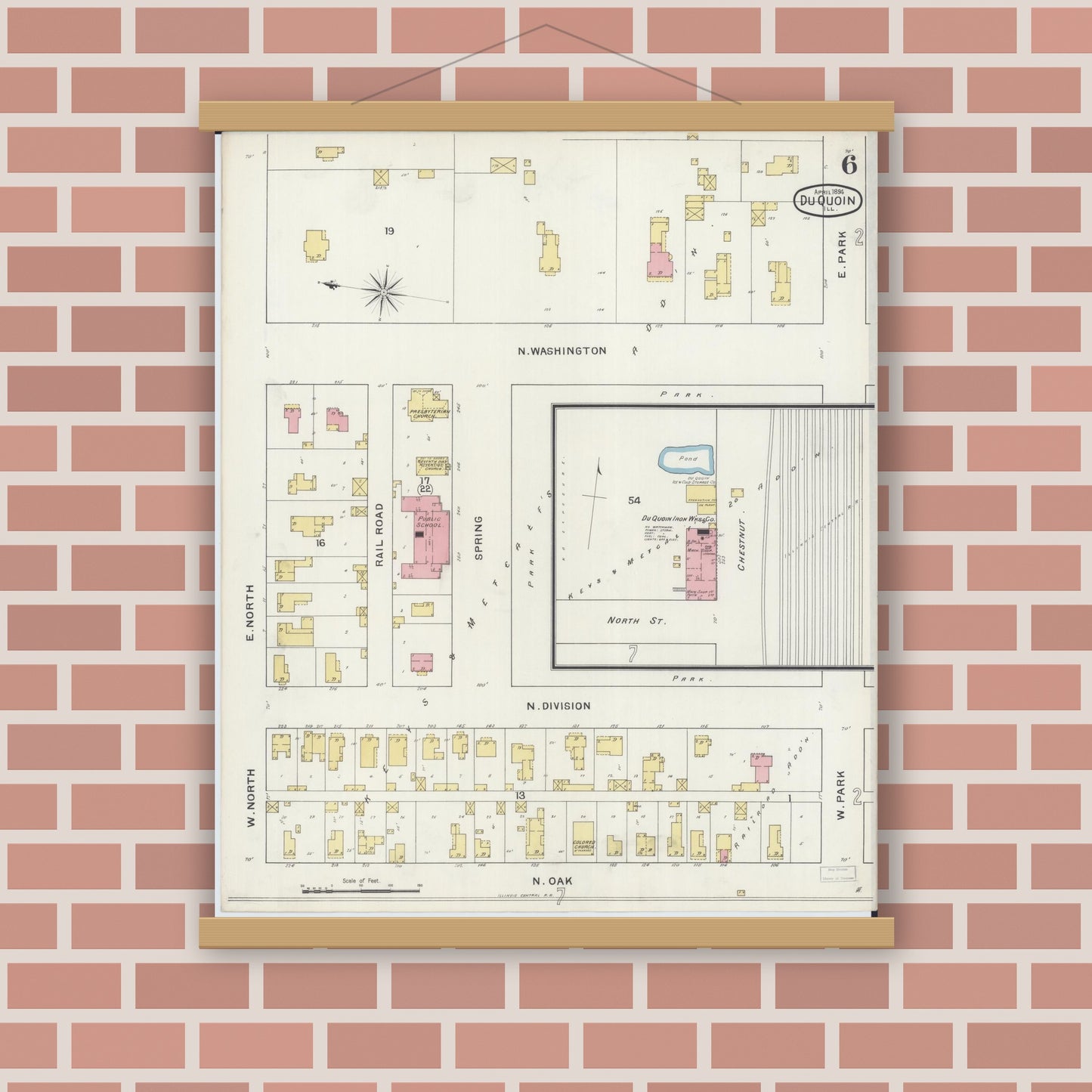 Old map wall art mockup — magnetic wood frame on brick wall — Sanborn Fire Insurance Map from Du Quoin, Perry County, Illinois (1894), Sheet #0006