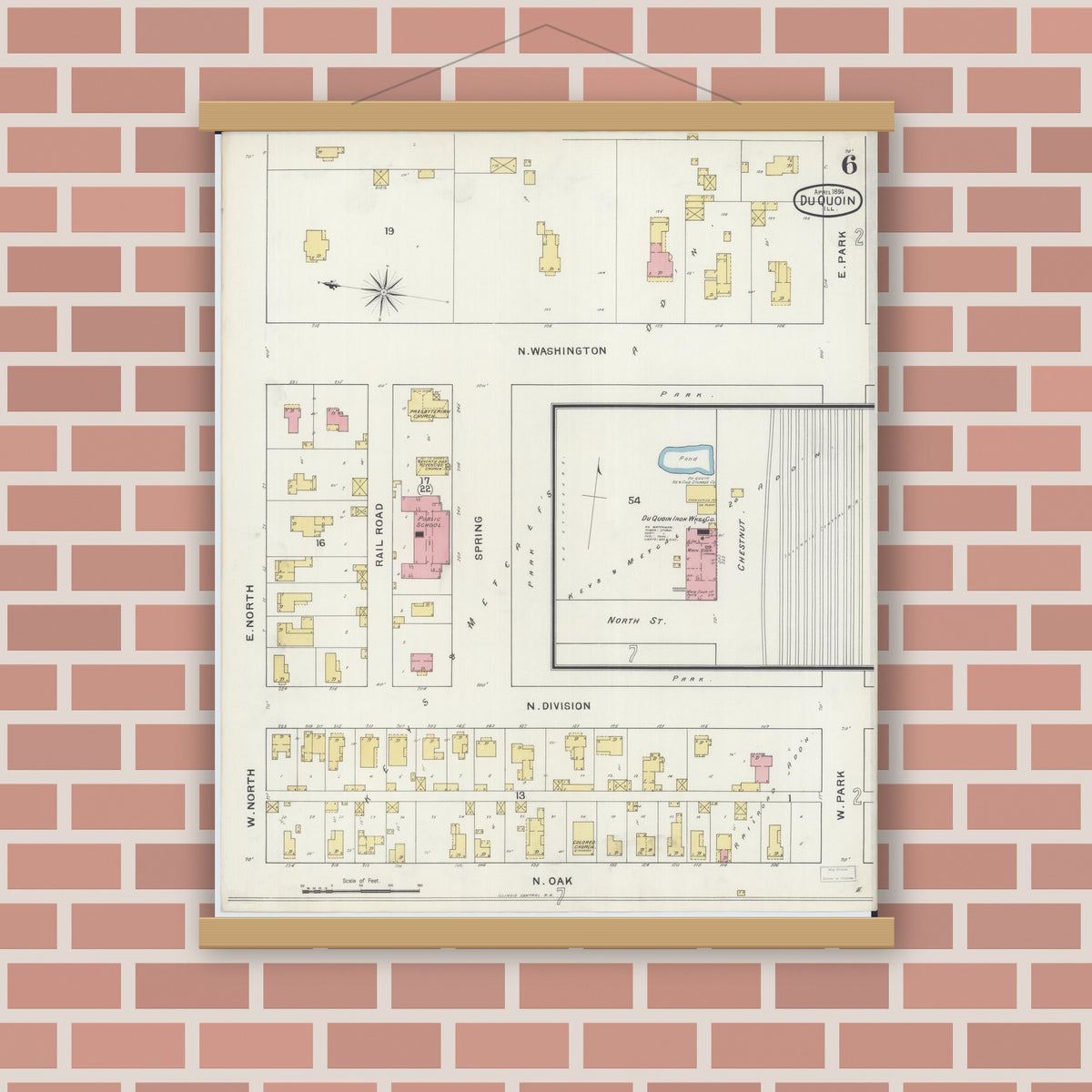 Old map wall art mockup — magnetic wood frame on brick wall — Sanborn Fire Insurance Map from Du Quoin, Perry County, Illinois (1894), Sheet #0006