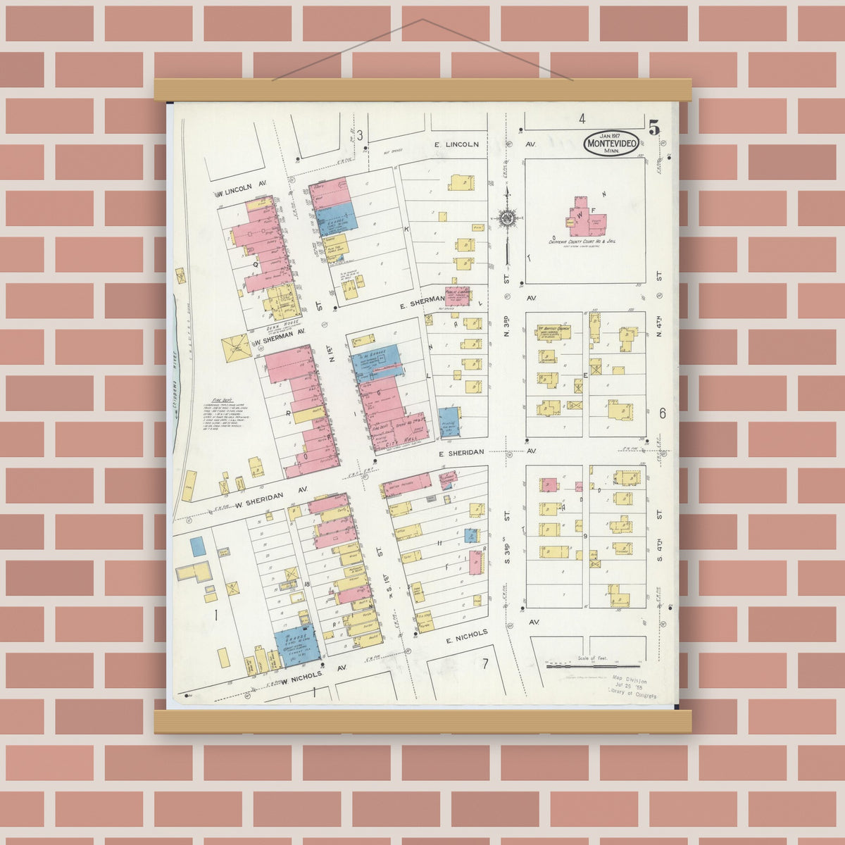 Old map wall art mockup — magnetic wood frame on brick wall — Sanborn Fire Insurance Map from Montevideo, Chippewa County, Minnesota (1917), Sheet #0005