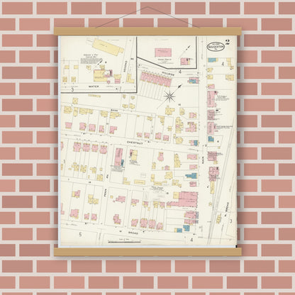 Old map wall art mockup — magnetic wood frame on brick wall — Sanborn Fire Insurance Map from Souderton, Montgomery County, Pennsylvania (1908), Sheet #0002