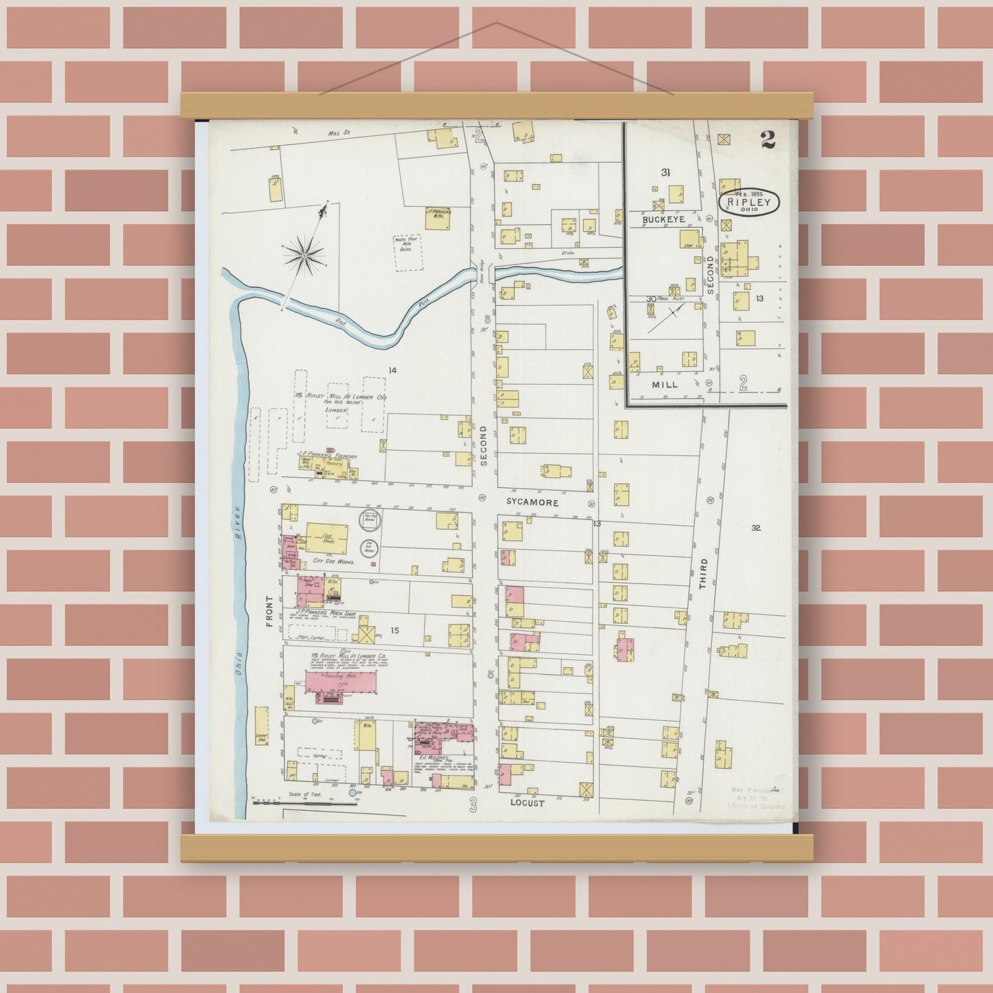 Old map wall art mockup — magnetic wood frame on brick wall — Sanborn Fire Insurance Map from Ripley, Brown County, Ohio (1895), Sheet #0002