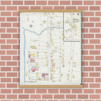 Old map wall art mockup — magnetic wood frame on brick wall — Sanborn Fire Insurance Map from Ripley, Brown County, Ohio (1895), Sheet #0002