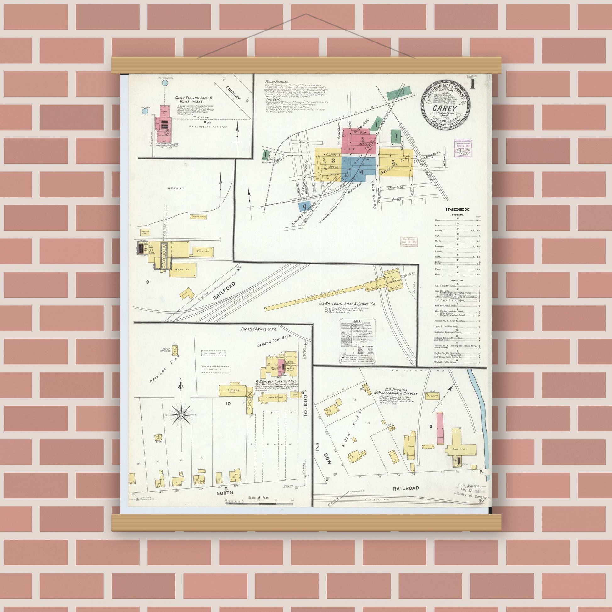 Old map wall art mockup — magnetic wood frame on brick wall — Sanborn Fire Insurance Map from Carey, Wyandot County, Ohio (1908) - Complete Map Set