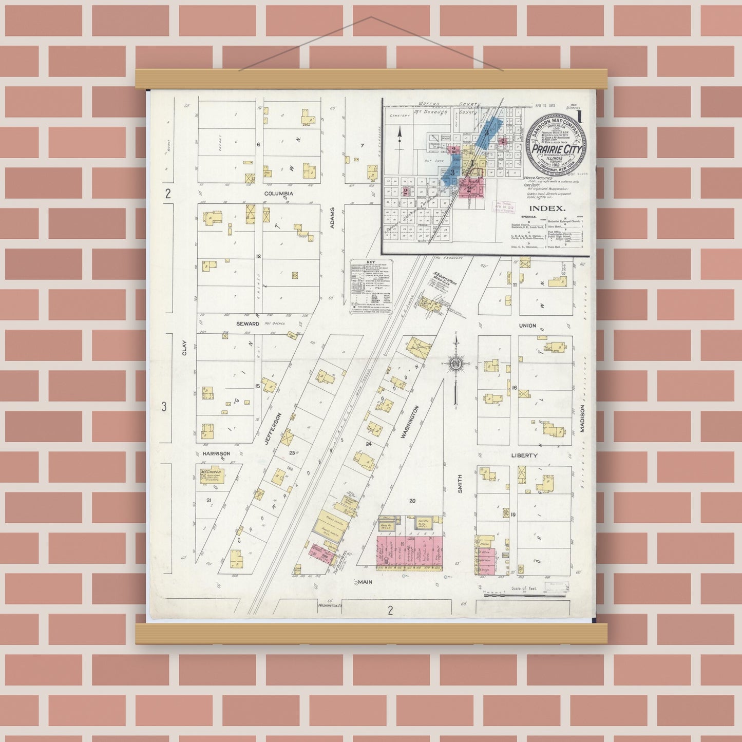 Old map wall art mockup — magnetic wood frame on brick wall — Sanborn Fire Insurance Map from Prairie City, Mcdonough County, Illinois (1912), Sheet #0001