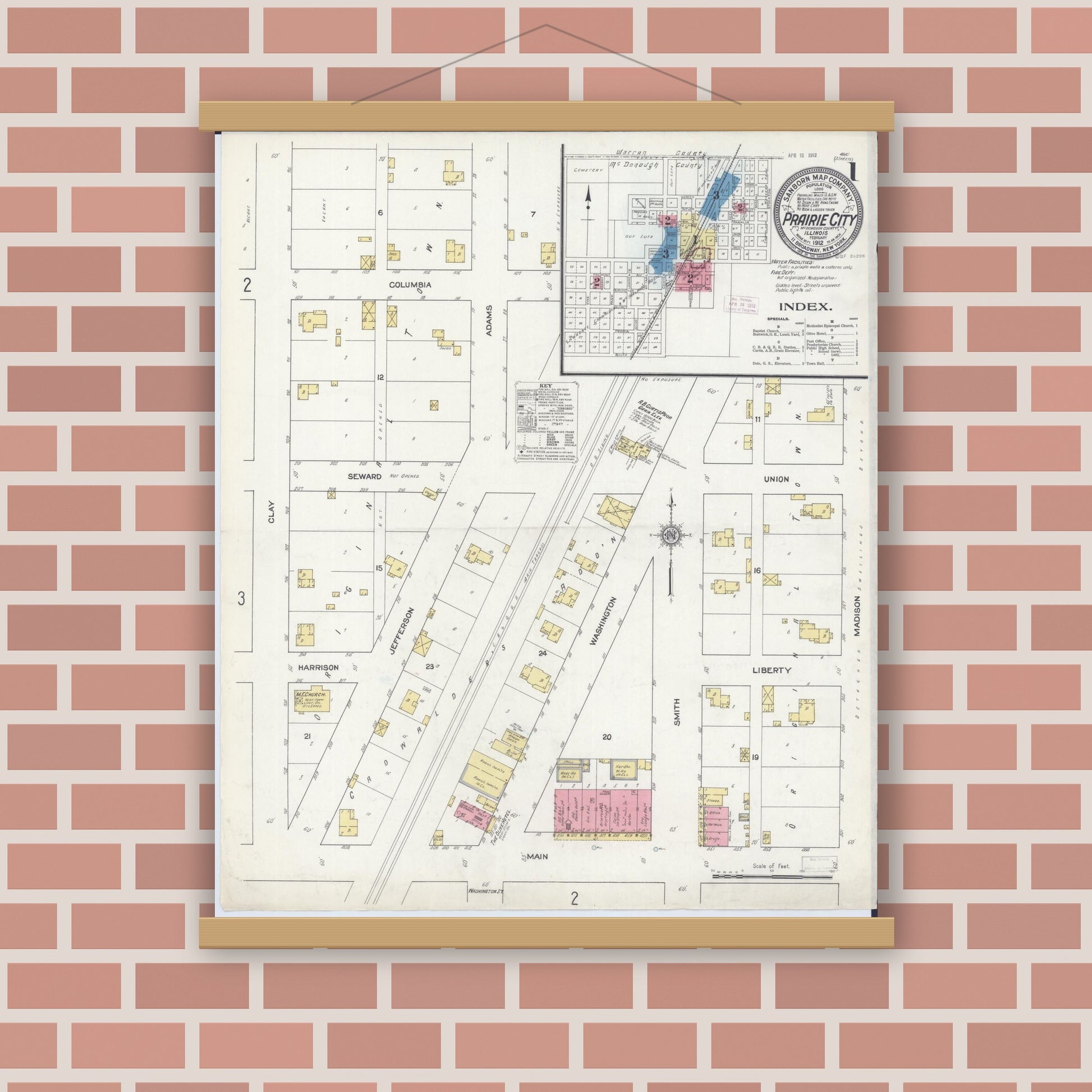 Old map wall art mockup — magnetic wood frame on brick wall — Sanborn Fire Insurance Map from Prairie City, Mcdonough County, Illinois (1912), Sheet #0001