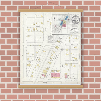 Old map wall art mockup — magnetic wood frame on brick wall — Sanborn Fire Insurance Map from Prairie City, Mcdonough County, Illinois (1912), Sheet #0001