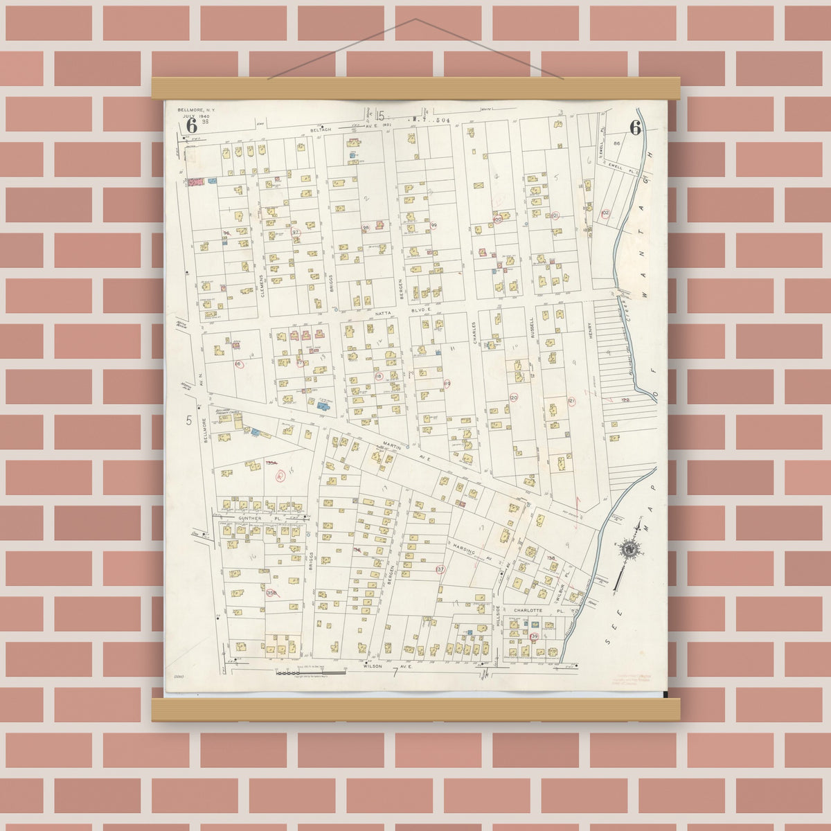 Old map wall art mockup — magnetic wood frame on brick wall — Sanborn Fire Insurance Map from Bellmore, Nassau County, New York (1945), Sheet #0006