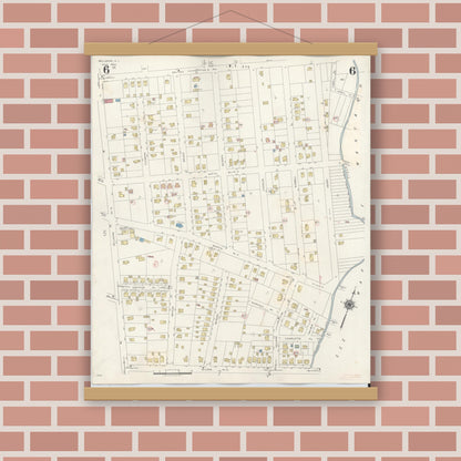 Old map wall art mockup — magnetic wood frame on brick wall — Sanborn Fire Insurance Map from Bellmore, Nassau County, New York (1945), Sheet #0006