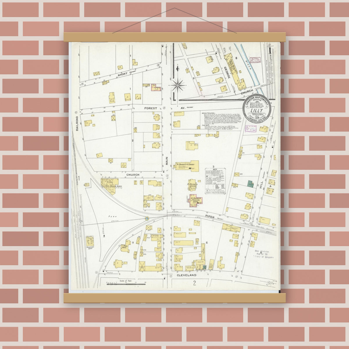 Old map wall art mockup — magnetic wood frame on brick wall — Sanborn Fire Insurance Map from Lilly, Cambria County, Pennsylvania (1909), Sheet #0001