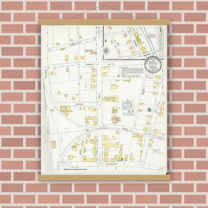 Old map wall art mockup — magnetic wood frame on brick wall — Sanborn Fire Insurance Map from Lilly, Cambria County, Pennsylvania (1909), Sheet #0001