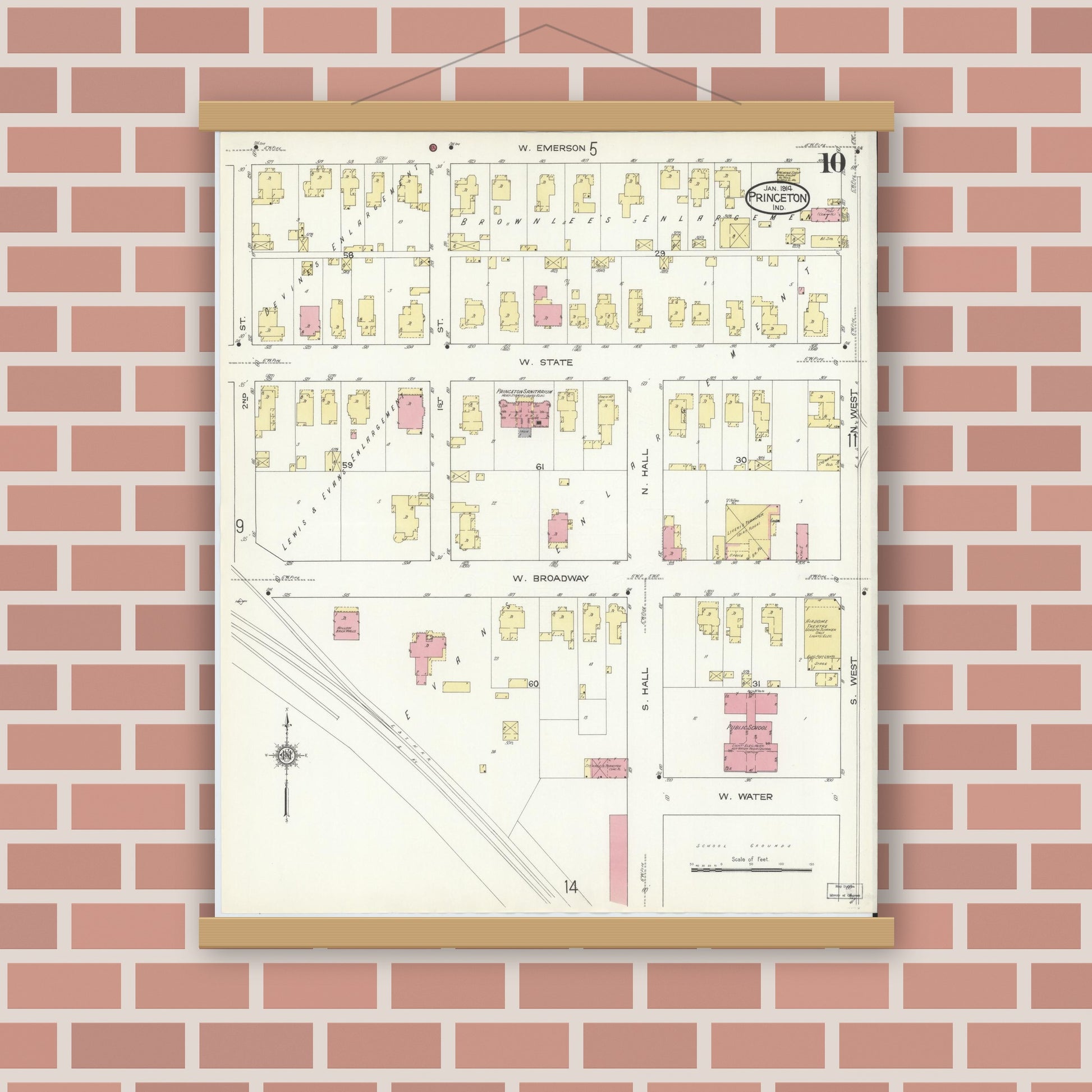 Old map wall art mockup — magnetic wood frame on brick wall — Sanborn Fire Insurance Map from Princeton, Gibson County, Indiana (1914), Sheet #0010