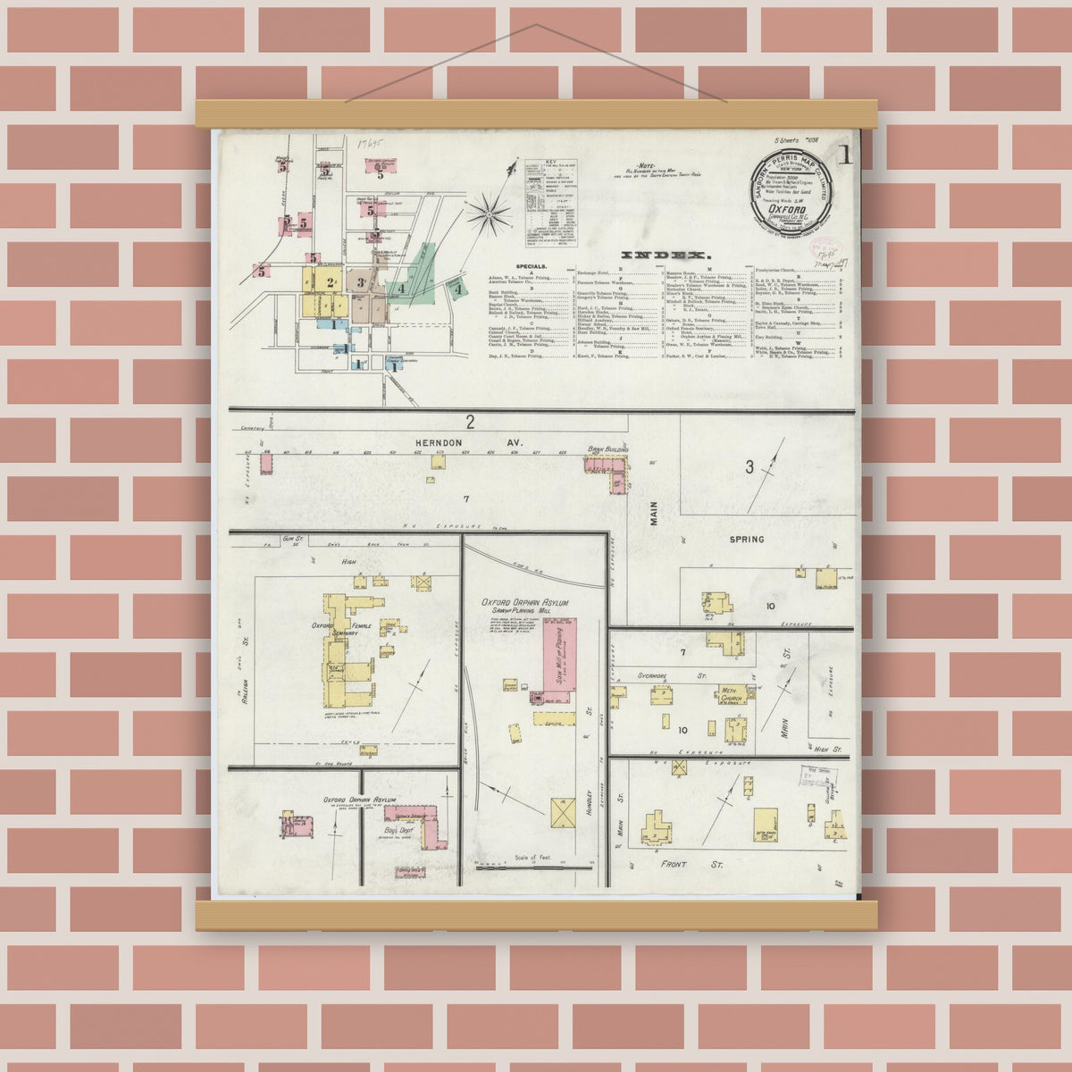 Old map wall art mockup — magnetic wood frame on brick wall — Sanborn Fire Insurance Map from Oxford, Granville County, North Carolina (1897) - Complete Map Set