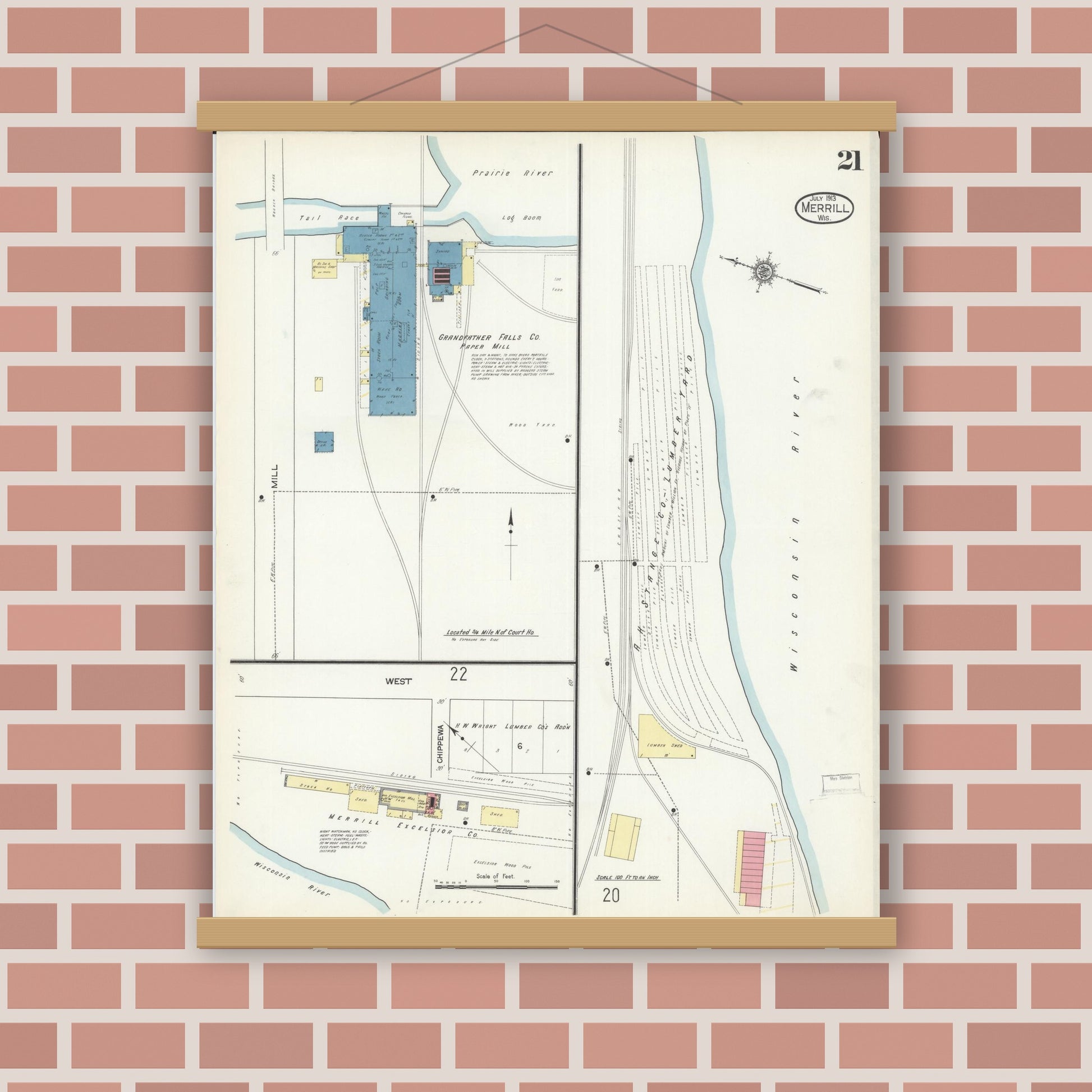 Old map wall art mockup — magnetic wood frame on brick wall — Sanborn Fire Insurance Map from Merrill, Lincoln County, Wisconsin (1913), Sheet #0021