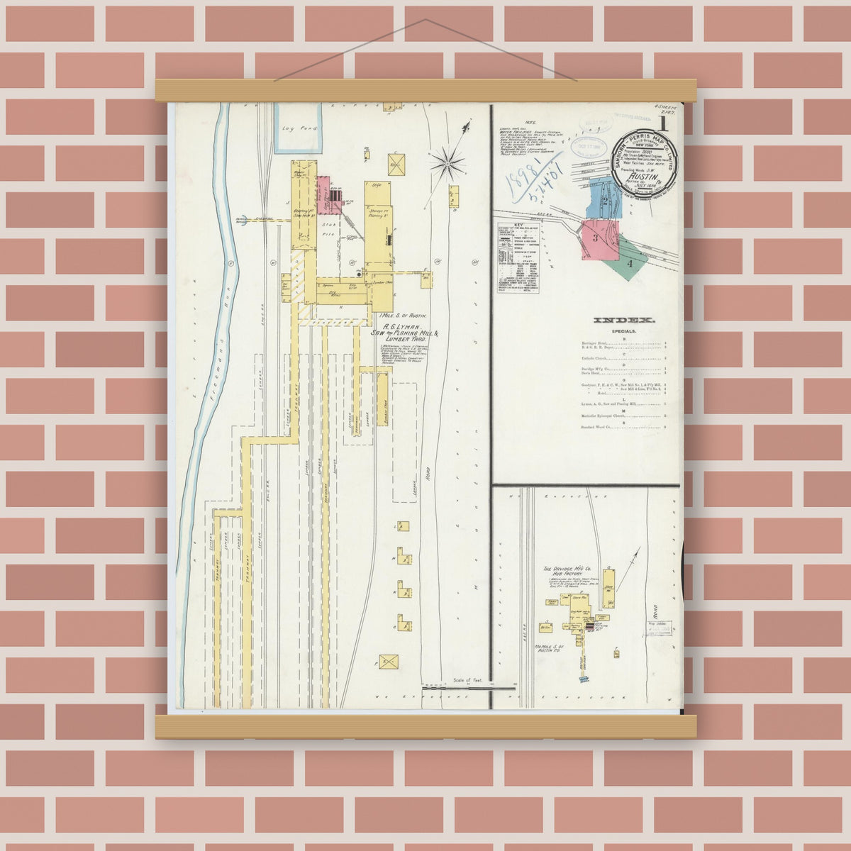 Old map wall art mockup — magnetic wood frame on brick wall — Sanborn Fire Insurance Map from Austin, Potter County, Pennsylvania (1898), Sheet #0001