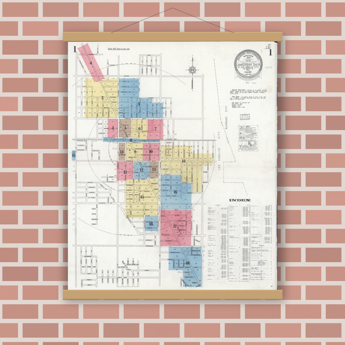 Old map wall art mockup — magnetic wood frame on brick wall — Sanborn Fire Insurance Map from Lankershim, Los Angeles County, California (1927) - Complete Map Set