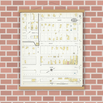Old map wall art mockup — magnetic wood frame on brick wall — Sanborn Fire Insurance Map from Kalkaska, Kalkaska County, Michigan (1917), Sheet #0003