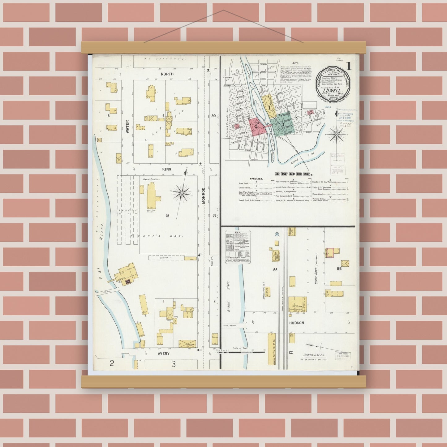 Old map wall art mockup — magnetic wood frame on brick wall — Sanborn Fire Insurance Map from Lowell, Kent County, Michigan (1900) - Complete Map Set