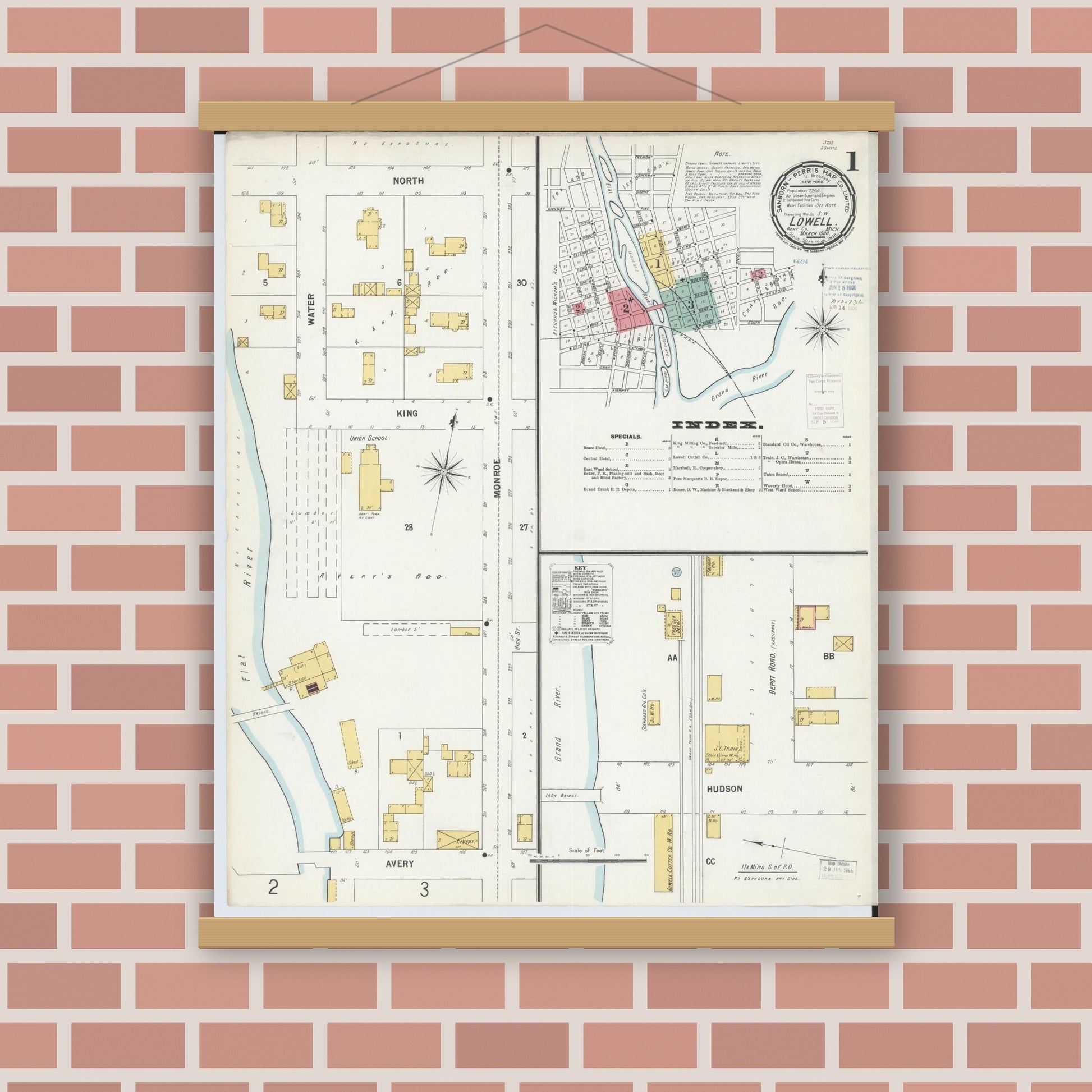 Old map wall art mockup — magnetic wood frame on brick wall — Sanborn Fire Insurance Map from Lowell, Kent County, Michigan (1900) - Complete Map Set