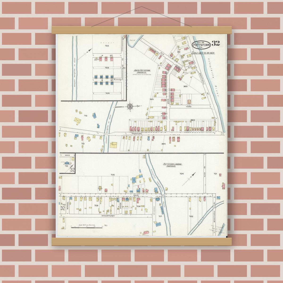 Old map wall art mockup — magnetic wood frame on brick wall — Sanborn Fire Insurance Map from Pottstown, Montgomery County, Pennsylvania (1916), Sheet #0032