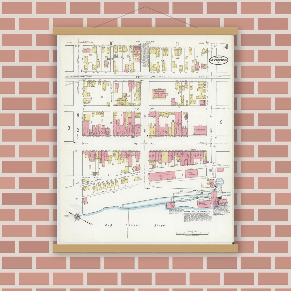 Old map wall art mockup — magnetic wood frame on brick wall — Sanborn Fire Insurance Map from New Brighton, Beaver County, Pennsylvania (1918), Sheet #0004