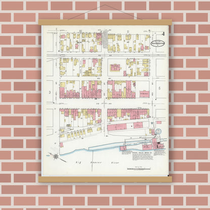 Old map wall art mockup — magnetic wood frame on brick wall — Sanborn Fire Insurance Map from New Brighton, Beaver County, Pennsylvania (1918), Sheet #0004
