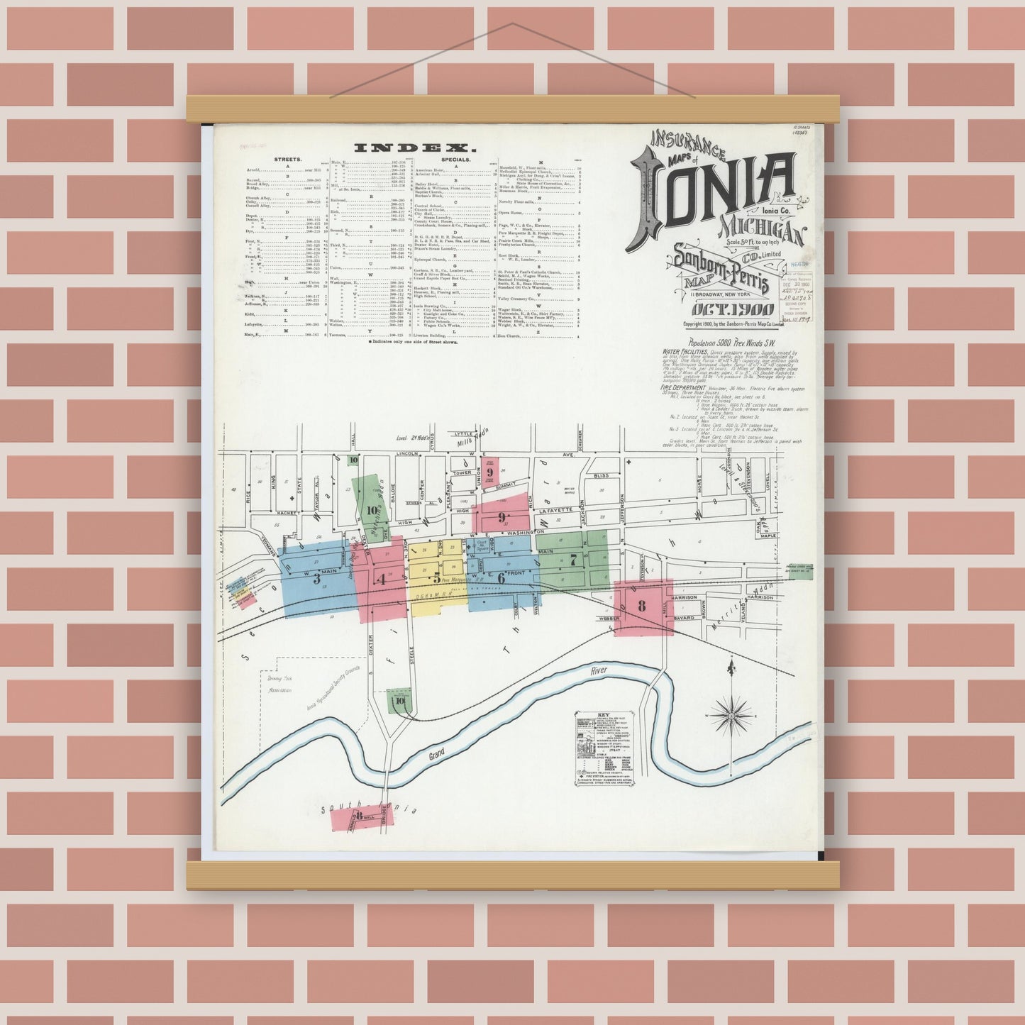 Old map wall art mockup — magnetic wood frame on brick wall — Sanborn Fire Insurance Map from Ionia, Ionia County, Michigan (1900) - Complete Map Set