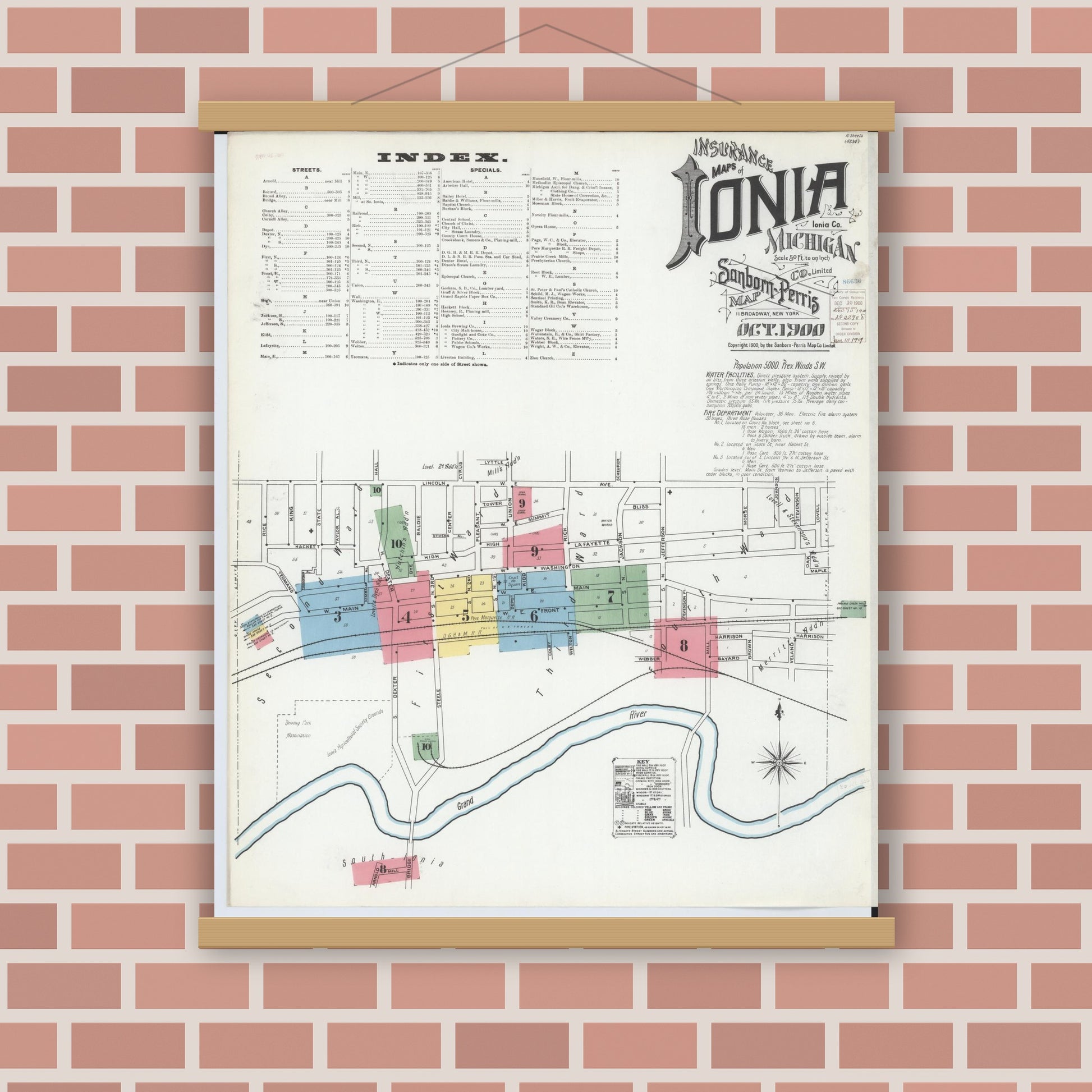 Old map wall art mockup — magnetic wood frame on brick wall — Sanborn Fire Insurance Map from Ionia, Ionia County, Michigan (1900) - Complete Map Set