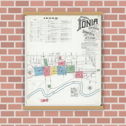 Old map wall art mockup — magnetic wood frame on brick wall — Sanborn Fire Insurance Map from Ionia, Ionia County, Michigan (1900) - Complete Map Set