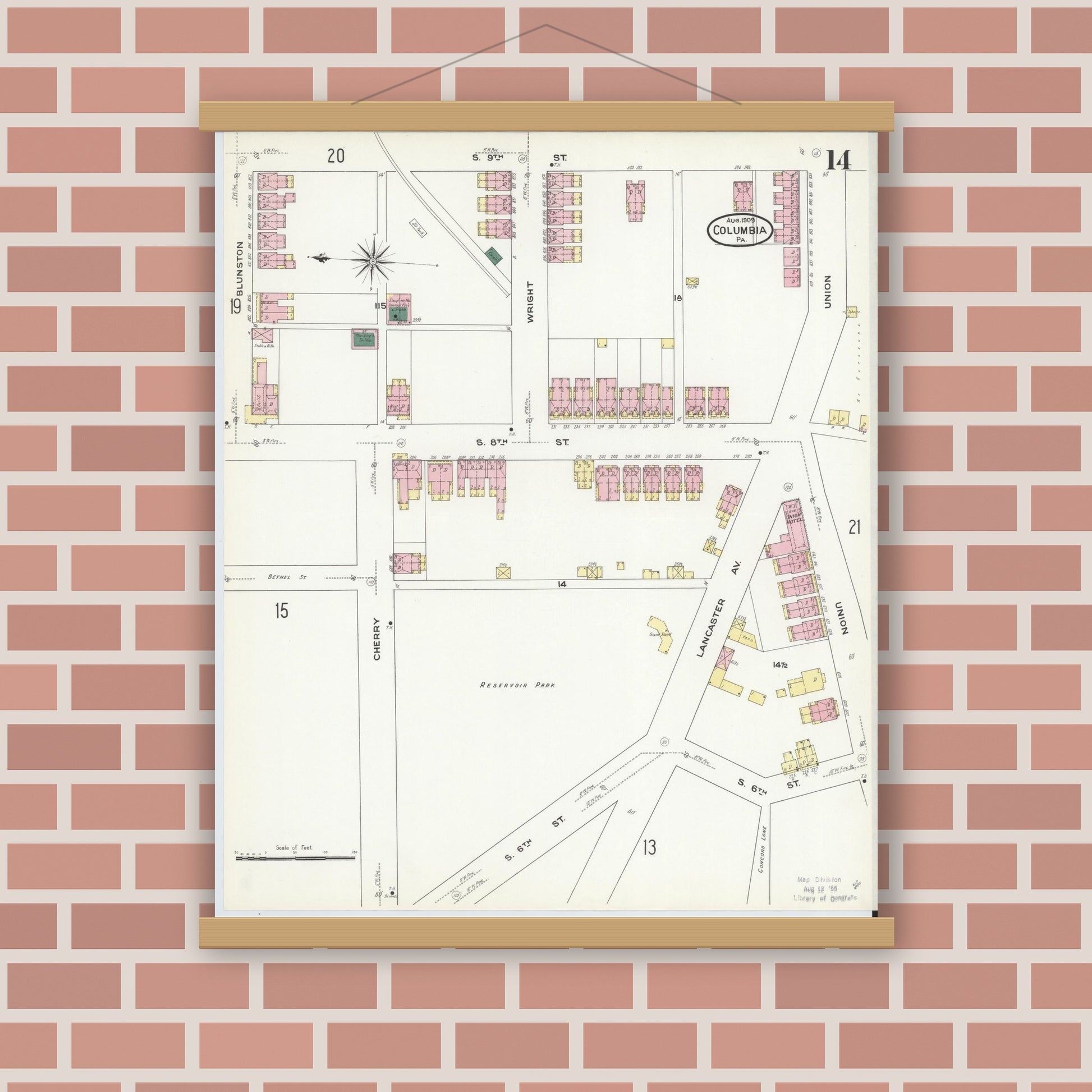 Old map wall art mockup — magnetic wood frame on brick wall — Sanborn Fire Insurance Map from Columbia, Lancaster County, Pennsylvania (1909), Sheet #0014