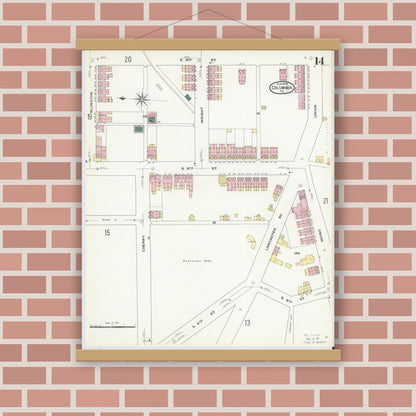 Old map wall art mockup — magnetic wood frame on brick wall — Sanborn Fire Insurance Map from Columbia, Lancaster County, Pennsylvania (1909), Sheet #0014