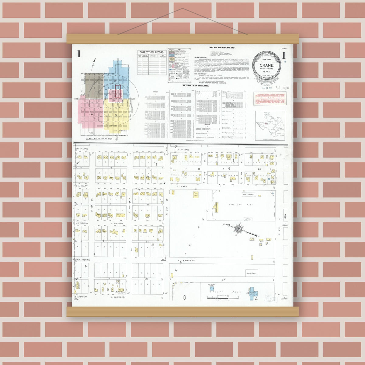 Old map wall art mockup — magnetic wood frame on brick wall — Sanborn Fire Insurance Map from Crane, Crane County, Texas (1951) - Complete Map Set