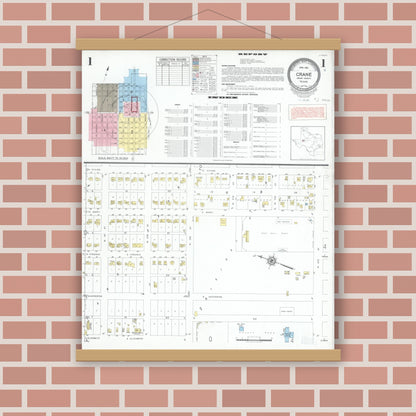 Old map wall art mockup — magnetic wood frame on brick wall — Sanborn Fire Insurance Map from Crane, Crane County, Texas (1951) - Complete Map Set