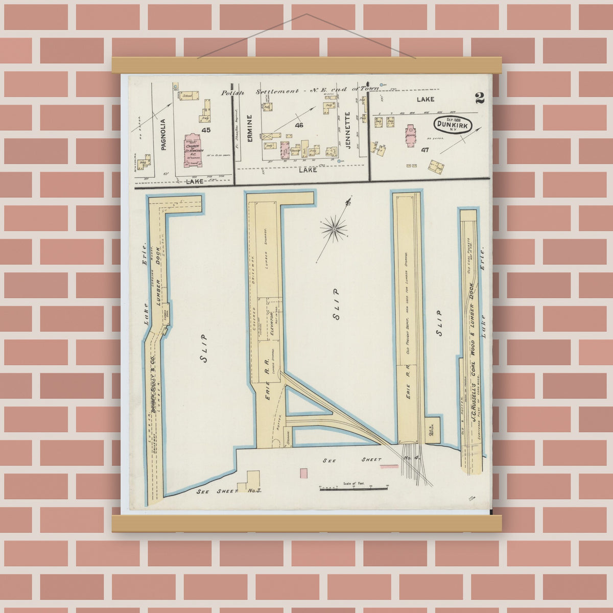 Old map wall art mockup — magnetic wood frame on brick wall — Sanborn Fire Insurance Map from Dunkirk, Chautauqua County, New York (1888) - Complete Map Set