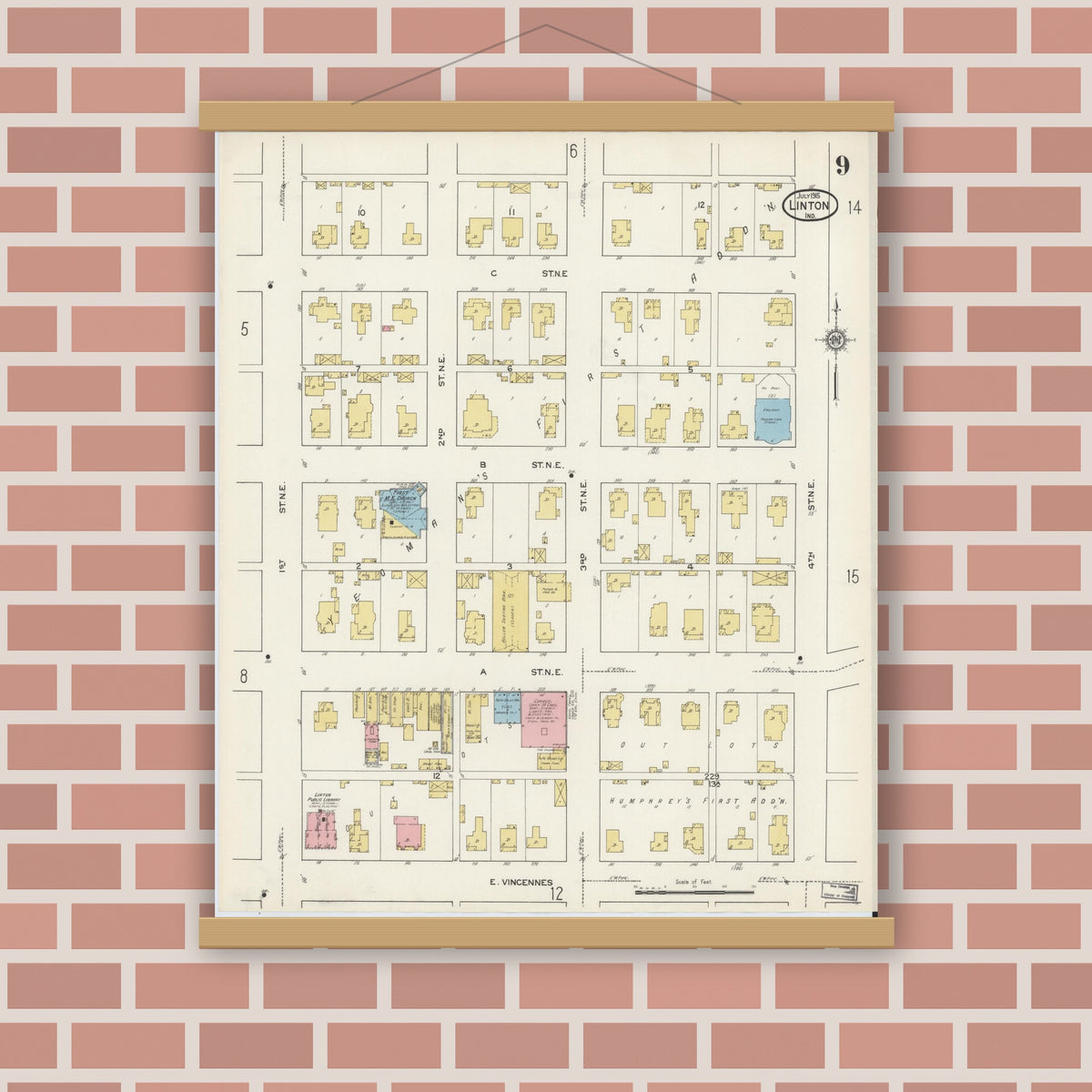 Old map wall art mockup — magnetic wood frame on brick wall — Sanborn Fire Insurance Map from Linton, Greene County, Indiana (1915), Sheet #0009