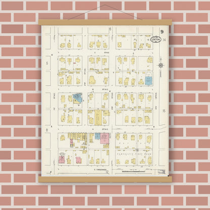 Old map wall art mockup — magnetic wood frame on brick wall — Sanborn Fire Insurance Map from Linton, Greene County, Indiana (1915), Sheet #0009
