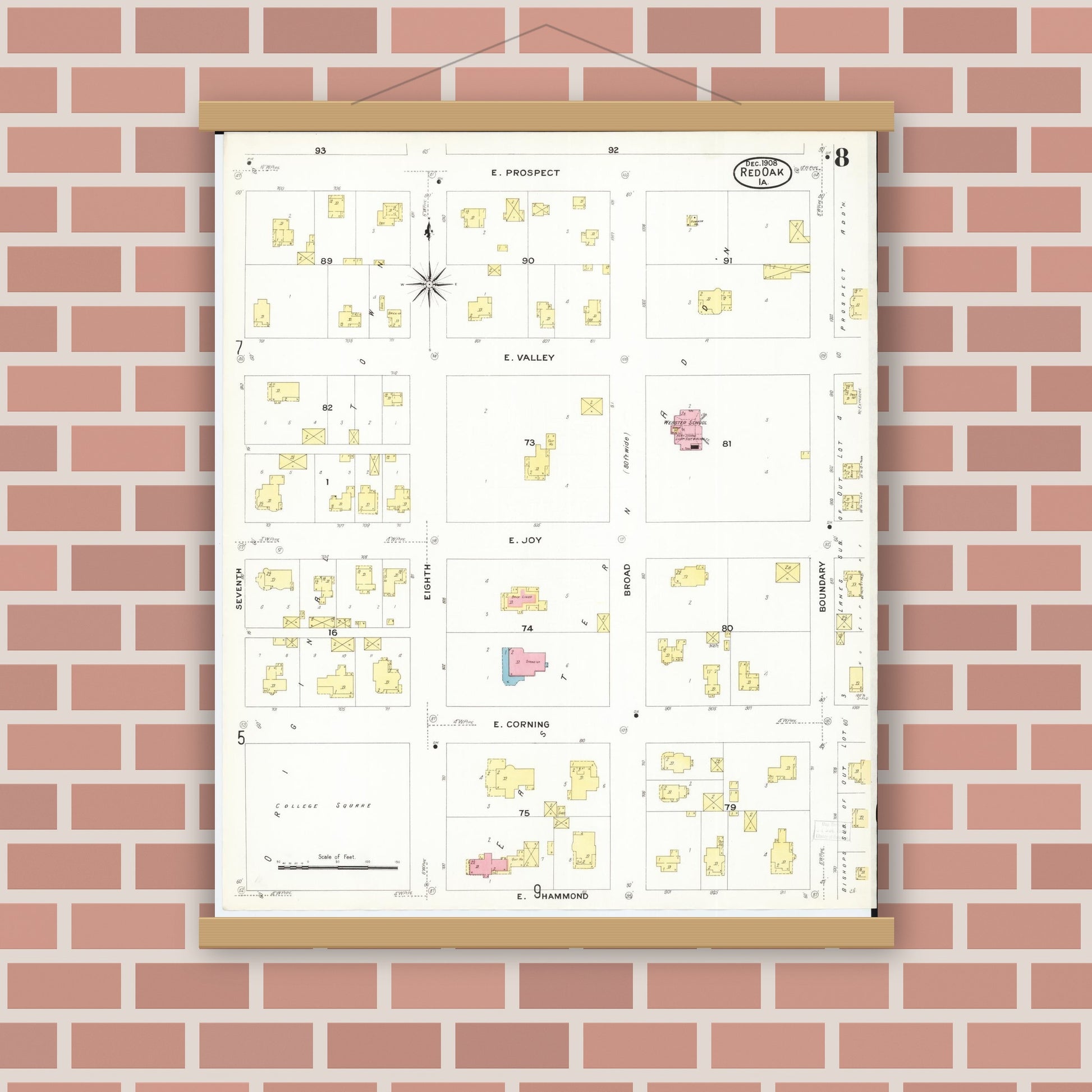 Old map wall art mockup — magnetic wood frame on brick wall — Sanborn Fire Insurance Map from Red Oak, Montgomery County, Iowa (1908), Sheet #0008
