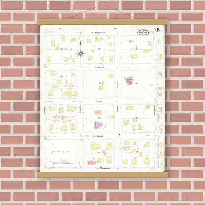 Old map wall art mockup — magnetic wood frame on brick wall — Sanborn Fire Insurance Map from Red Oak, Montgomery County, Iowa (1908), Sheet #0008