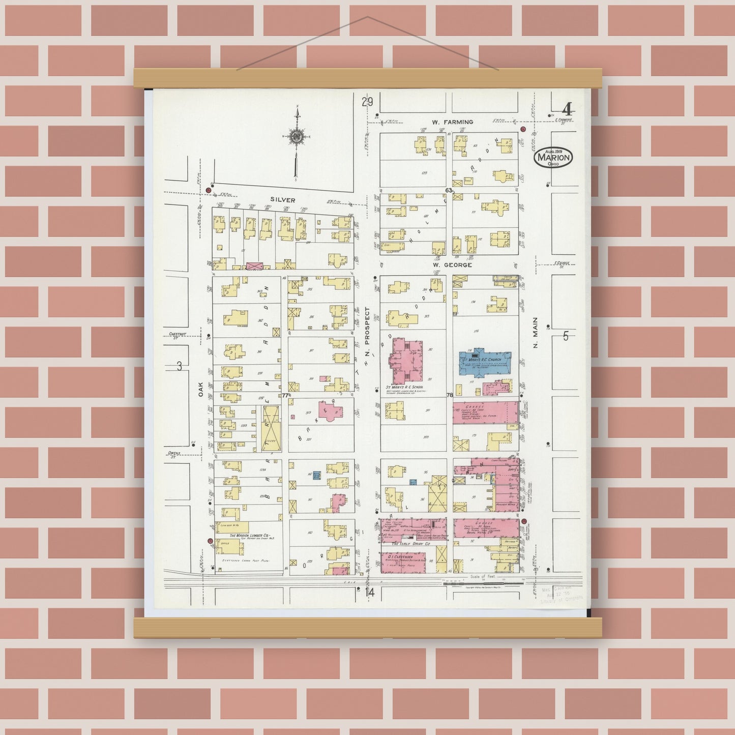 Old map wall art mockup — magnetic wood frame on brick wall — Sanborn Fire Insurance Map from Marion, Marion County, Ohio (1919), Sheet #0004