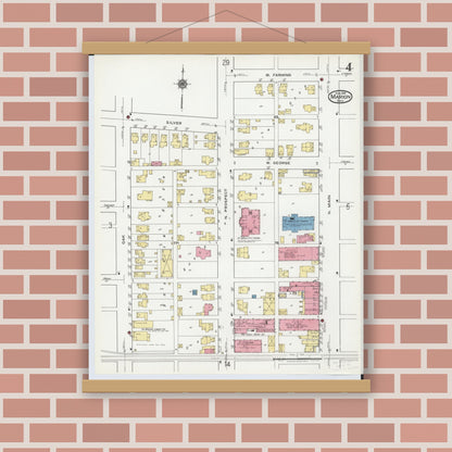 Old map wall art mockup — magnetic wood frame on brick wall — Sanborn Fire Insurance Map from Marion, Marion County, Ohio (1919), Sheet #0004