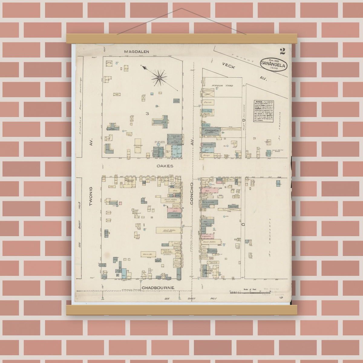 Old map wall art mockup — magnetic wood frame on brick wall — Sanborn Fire Insurance Map from San Angelo, Tom Green County, Texas (1885), Sheet #0002