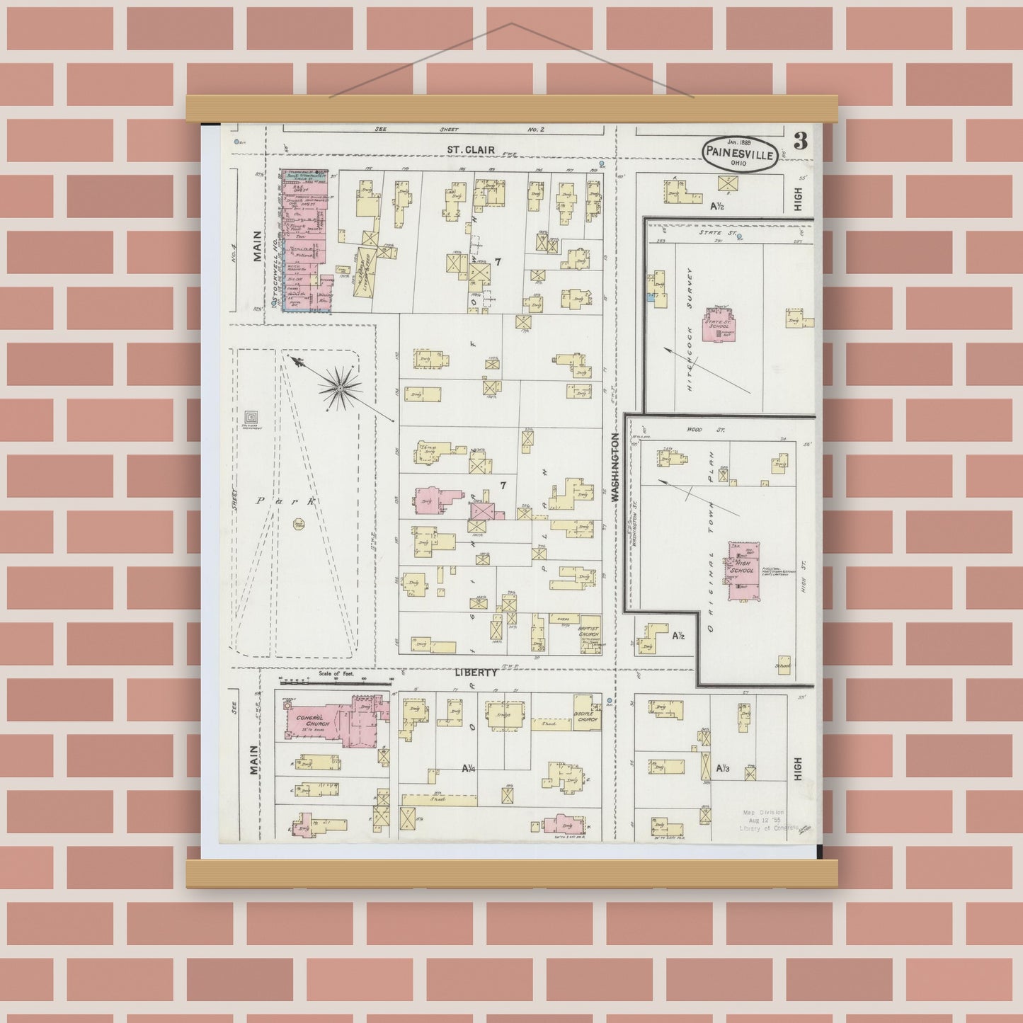 Old map wall art mockup — magnetic wood frame on brick wall — Sanborn Fire Insurance Map from Painesville, Lake County, Ohio (1889), Sheet #0003