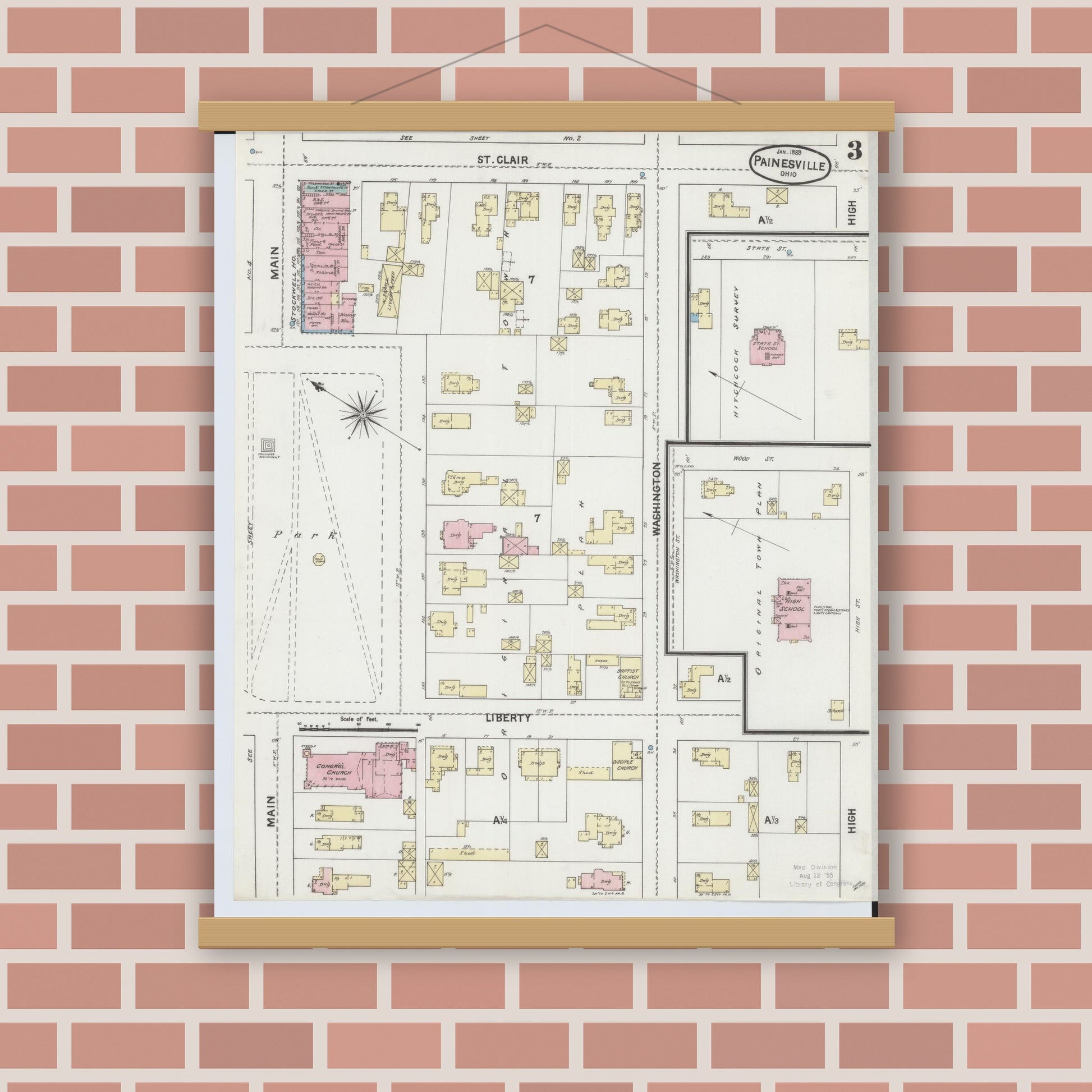 Old map wall art mockup — magnetic wood frame on brick wall — Sanborn Fire Insurance Map from Painesville, Lake County, Ohio (1889), Sheet #0003