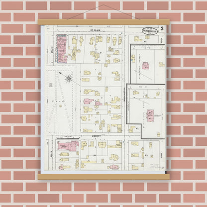 Old map wall art mockup — magnetic wood frame on brick wall — Sanborn Fire Insurance Map from Painesville, Lake County, Ohio (1889), Sheet #0003