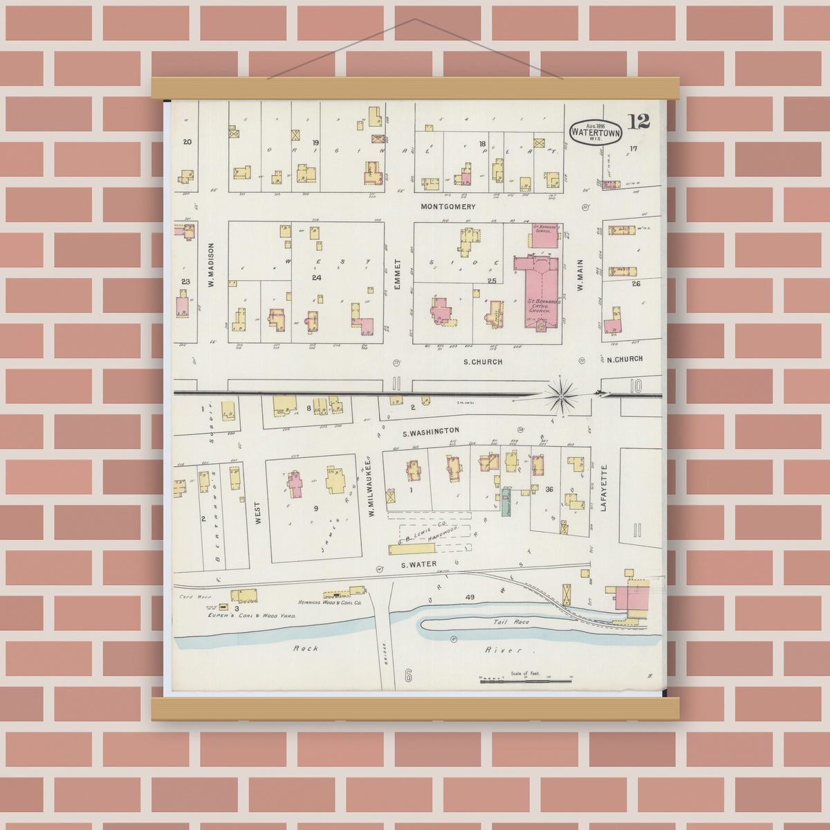 Old map wall art mockup — magnetic wood frame on brick wall — Sanborn Fire Insurance Map from Watertown, Jefferson County, Wisconsin (1895), Sheet #0012