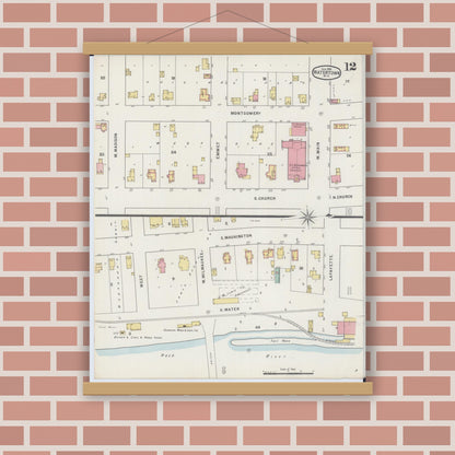 Old map wall art mockup — magnetic wood frame on brick wall — Sanborn Fire Insurance Map from Watertown, Jefferson County, Wisconsin (1895), Sheet #0012
