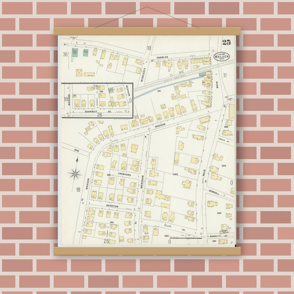 Old map wall art mockup — magnetic wood frame on brick wall — Sanborn Fire Insurance Map from Malden, Middlesex County, Massachusetts (1897), Sheet #0025