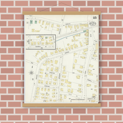 Old map wall art mockup — magnetic wood frame on brick wall — Sanborn Fire Insurance Map from Malden, Middlesex County, Massachusetts (1897), Sheet #0025